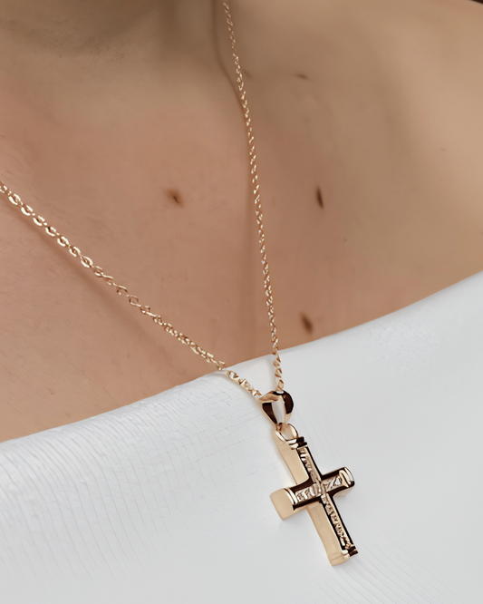 Conjunto Aretes y Cadena Cruz Baño Rodinado